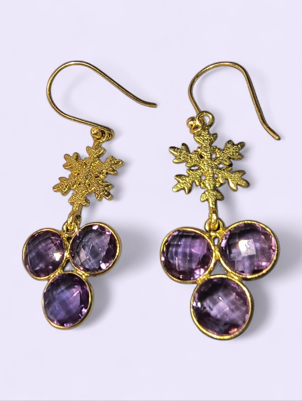 Amethyst Gemstone And Gold Over Sterling Silver Dangle Snowflake Earrings